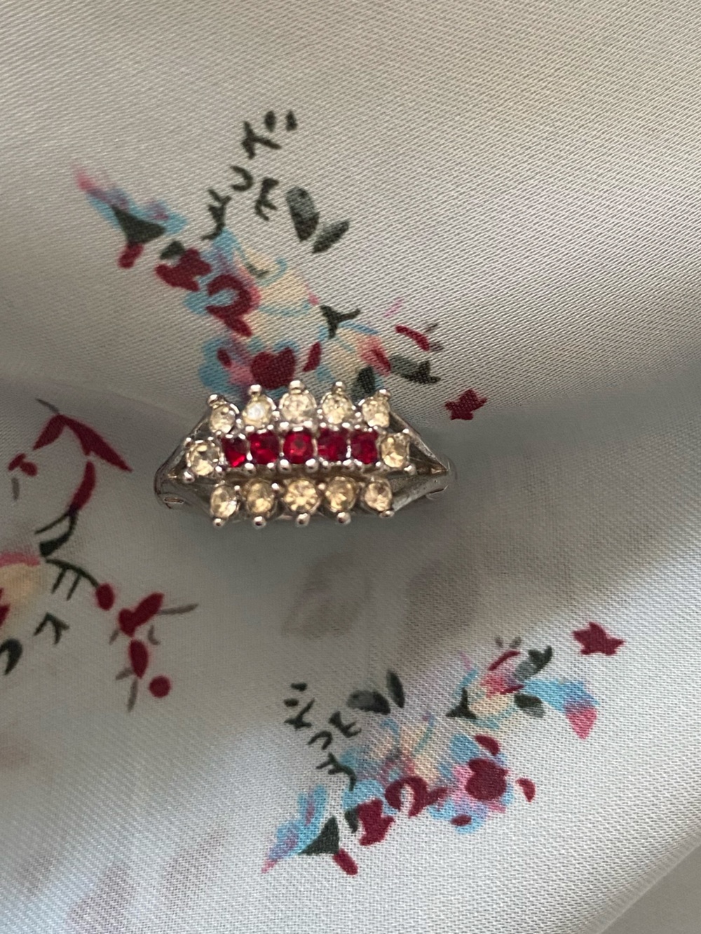 White Gold Plated White and Red Stone Ring